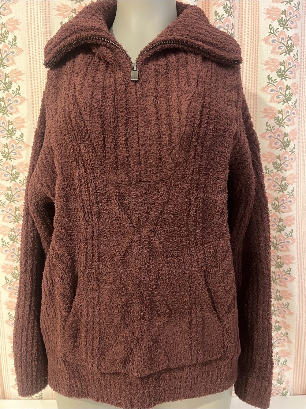 Barefoot Dreams CozyChic Cable Knit Half Zip Pullover Burgundy Size Large